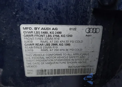 2022 Audi Q5 Premium 45 Tfsi S Line Quattro S Tronic from USA, damaged, VIN WA1GAAFY5N2057461